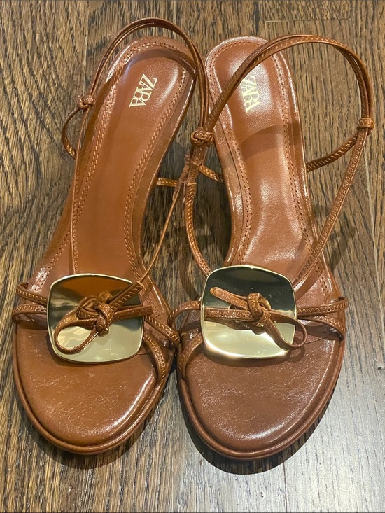 Zara Shoes - ZARA Brown Leather Knot-Strap Slingback Sandals with Gold Accent